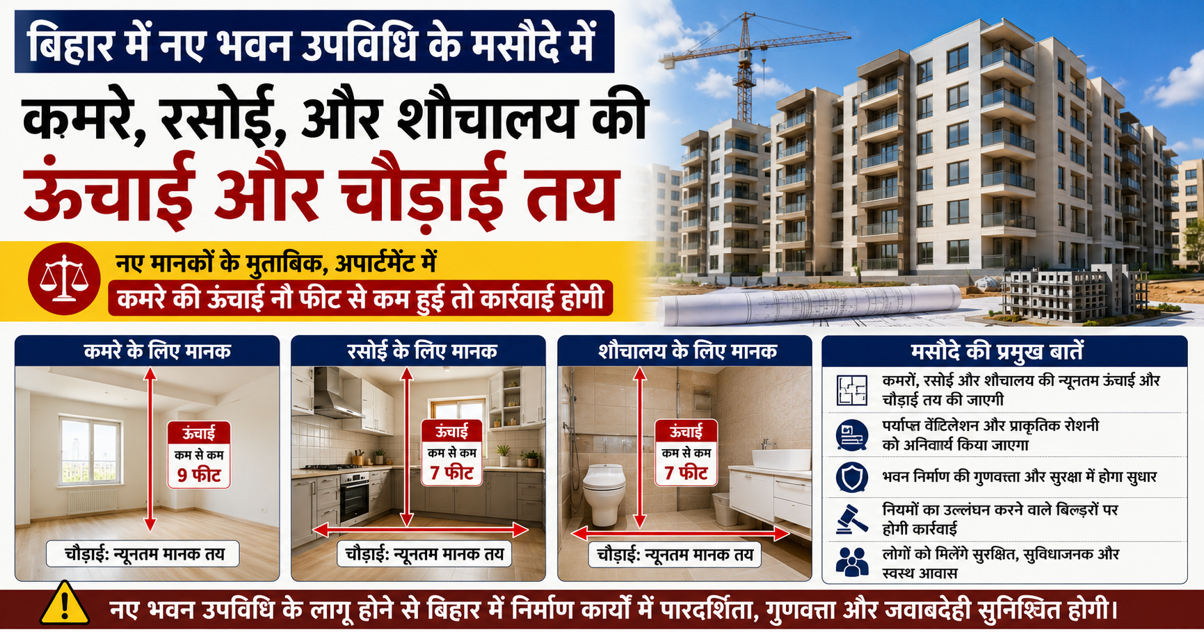 बिहार में नए भवन उपविधि का मसौदा तैयार, कमरों की ऊंचाई-चौड़ाई के लिए तय होंगे सख्त मानक