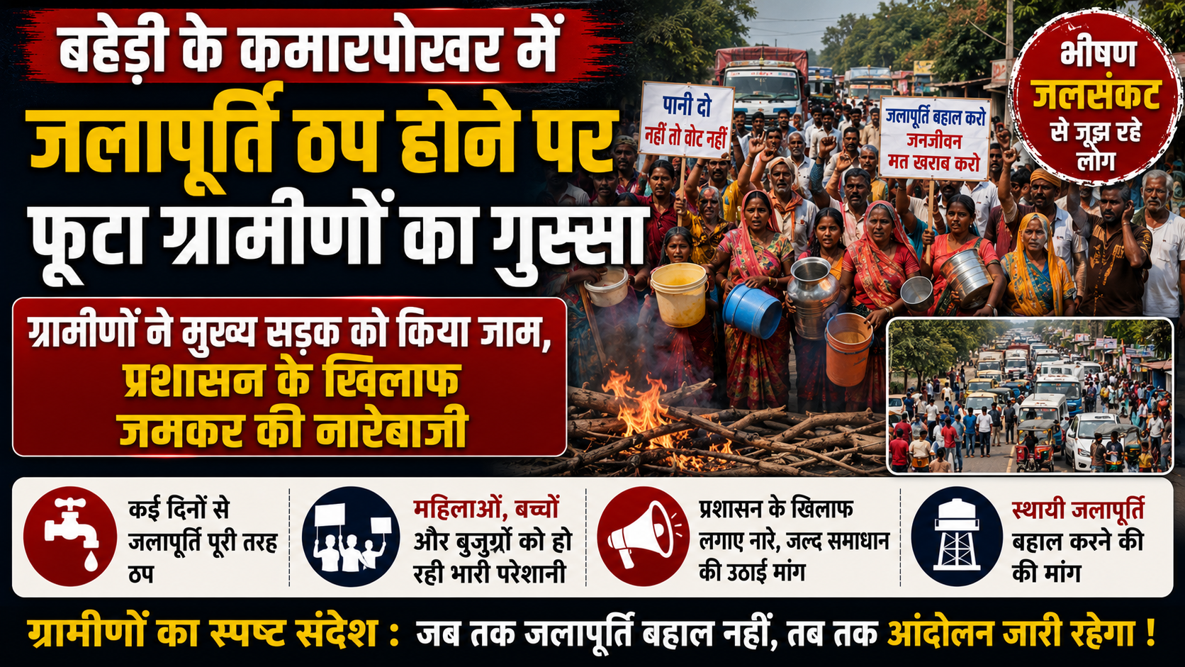 बहेड़ी के कमारपोखर में जलापूर्ति ठप होने पर फूटा ग्रामीणों का गुस्सा: भीषण जलसंकट से जूझ रहे लोगों ने मुख्य सड़क को किया जाम, प्रशासन के खिलाफ जमकर की नारेबाजी