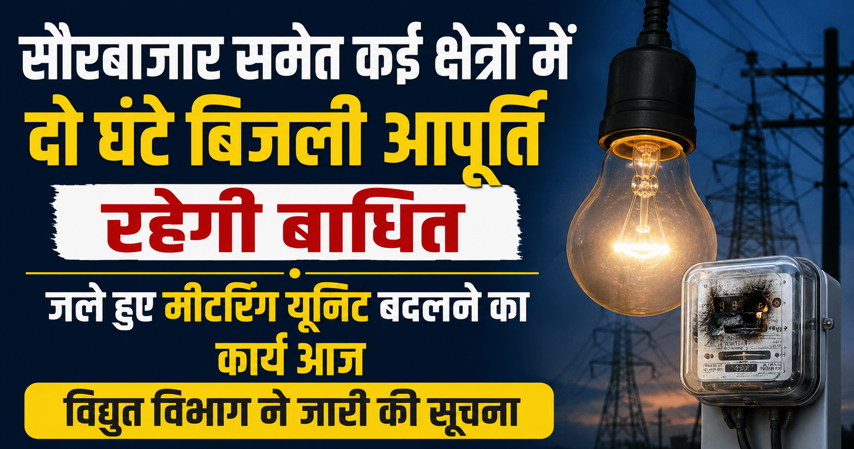 सौरबाजार समेत कई क्षेत्रों में दो घंटे बिजली आपूर्ति रहेगी बाधित, जले हुए मीटरिंग यूनिट बदलने का कार्य आज; विद्युत विभाग ने जारी की सूचना