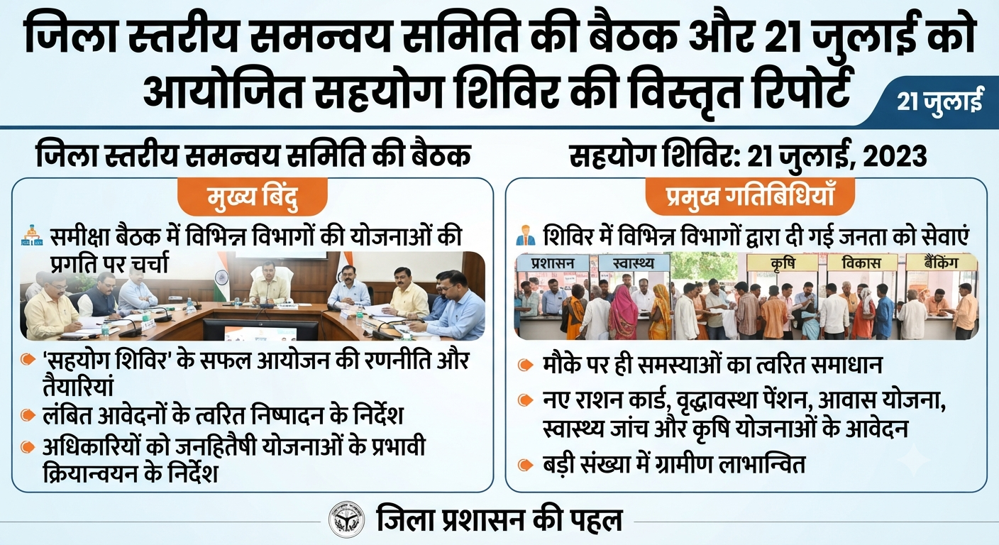 जिला स्तरीय समन्वय समिति की बैठक और 21 जुलाई को आयोजित सहयोग शिविर की विस्तृत रिपोर्ट