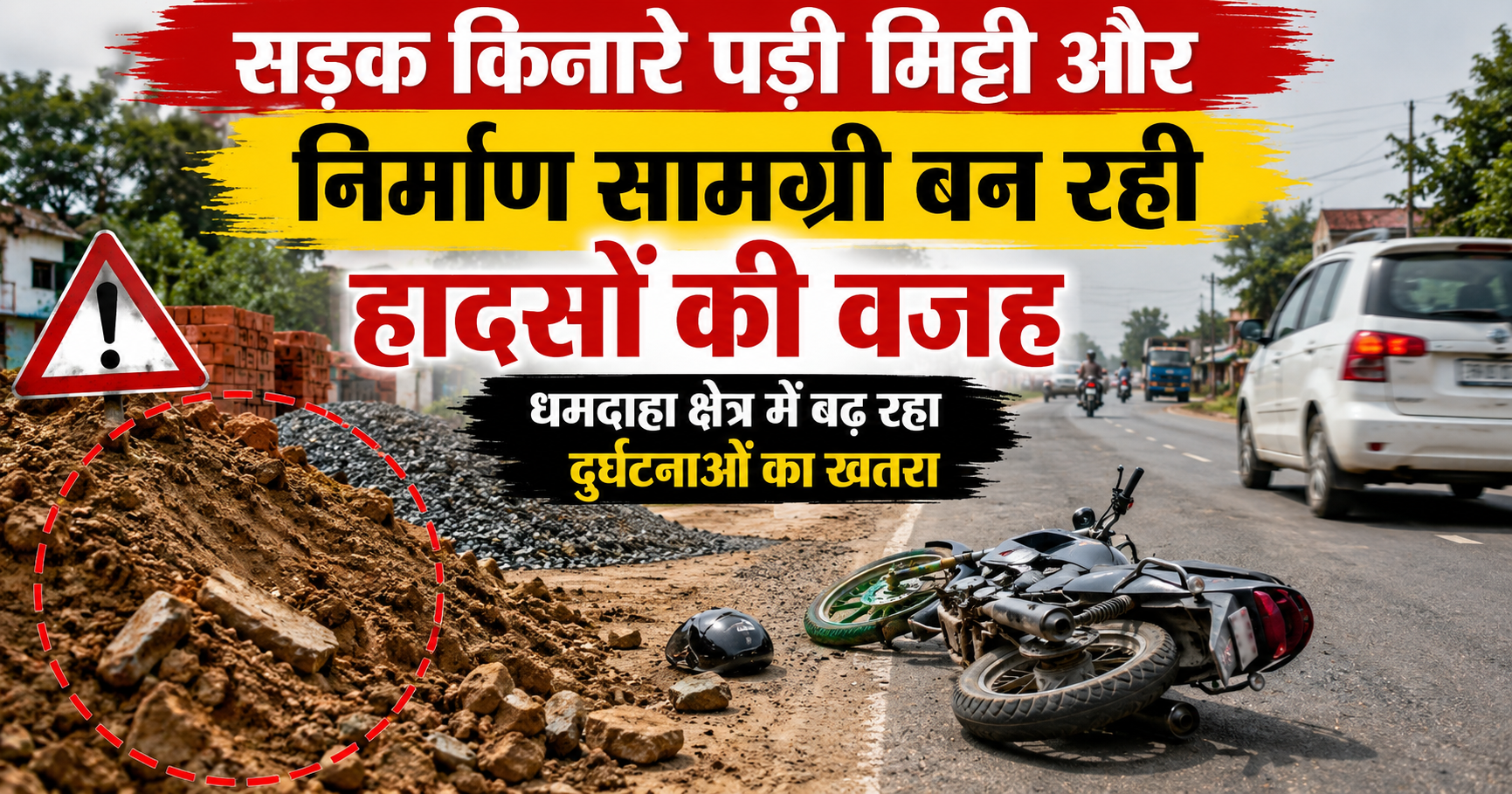 सड़क किनारे पड़ी मिट्टी और निर्माण सामग्री बन रही हादसों की वजह, धमदाहा क्षेत्र में बढ़ रहा दुर्घटनाओं का खतरा