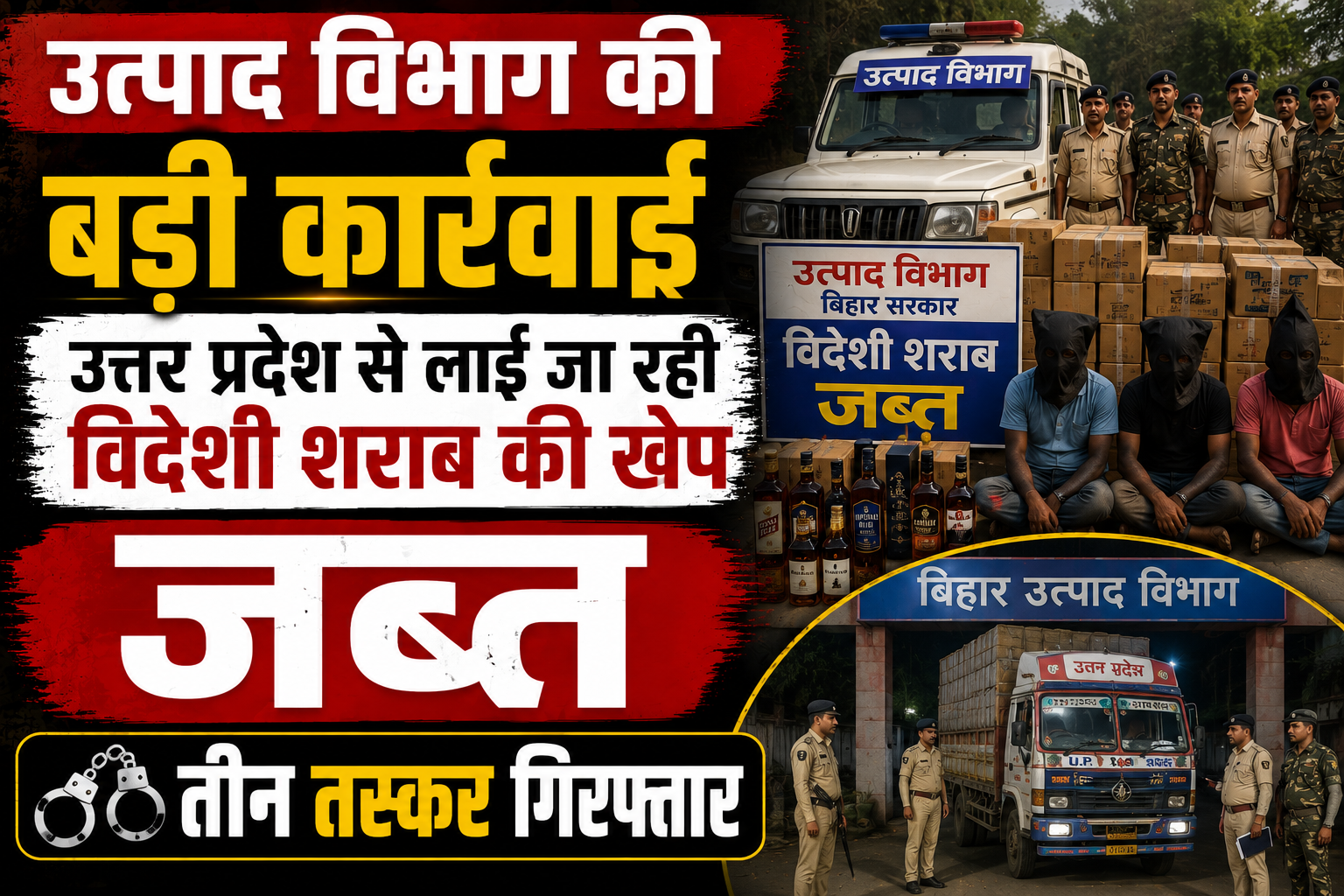 उत्पाद विभाग की बड़ी कार्रवाई, उत्तर प्रदेश से लाई जा रही विदेशी शराब की खेप जब्त; तीन तस्कर गिरफ्तार
