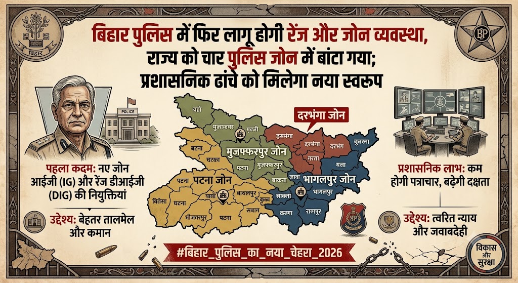 बिहार पुलिस में फिर लागू होगी रेंज और जोन व्यवस्था, राज्य को चार पुलिस जोन में बांटा गया; प्रशासनिक ढांचे को मिलेगा नया स्वरूप