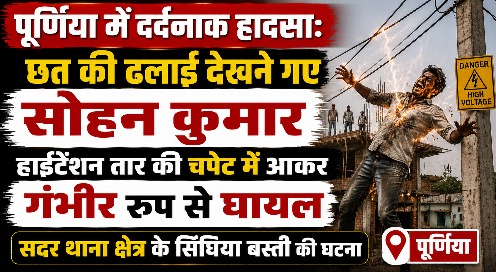 पूर्णिया में दर्दनाक हादसा: छत की ढलाई देखने गए सोहन कुमार हाईटेंशन तार की चपेट में आकर गंभीर रूप से घायल; सदर थाना क्षेत्र के सिंघिया बस्ती की घटना