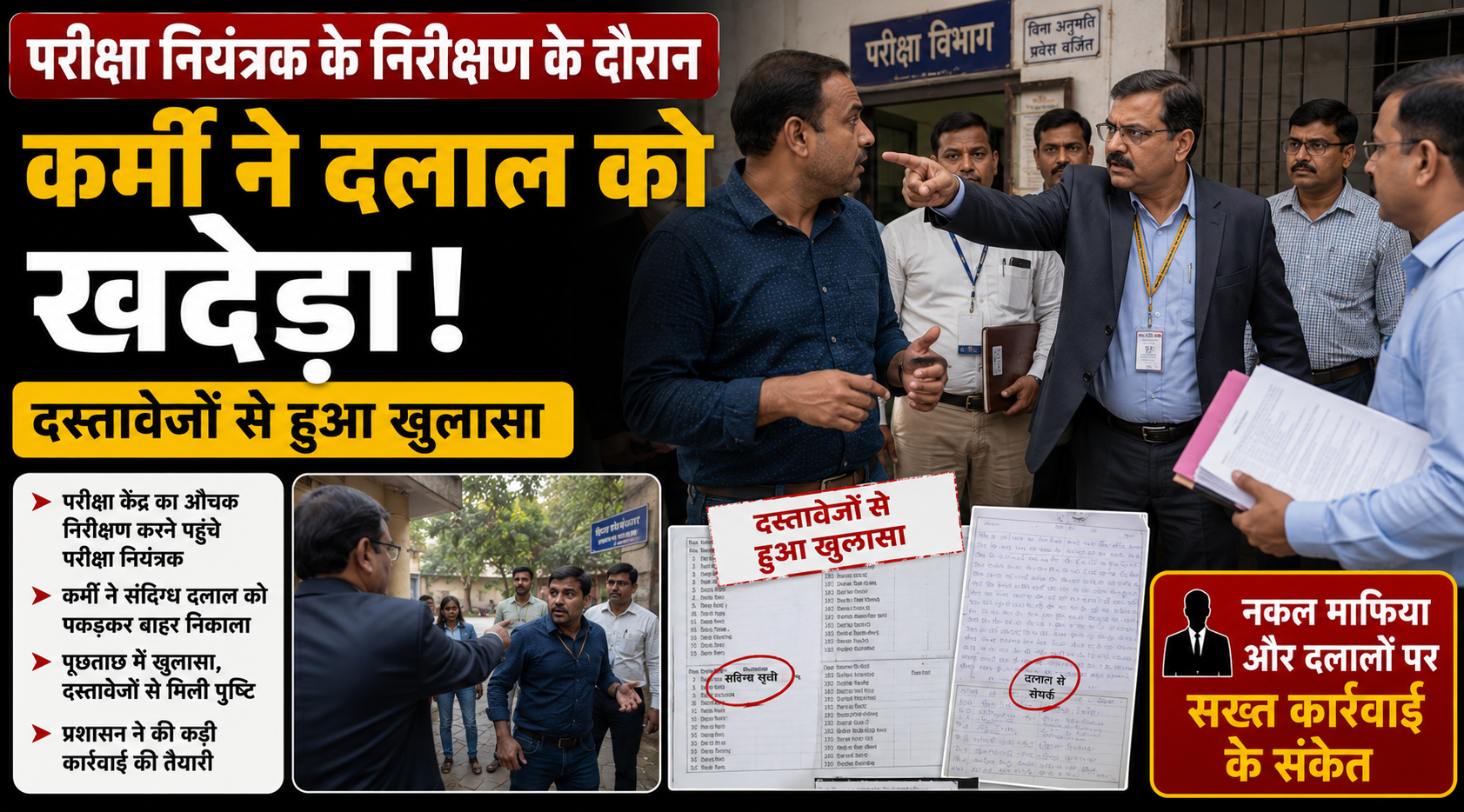 परीक्षा केंद्र पर दलालों का बोलबाला: परीक्षा नियंत्रक के निरीक्षण के दौरान कर्मी ने दलाल को खदेड़ा, दस्तावेजों से हुआ खुलासा