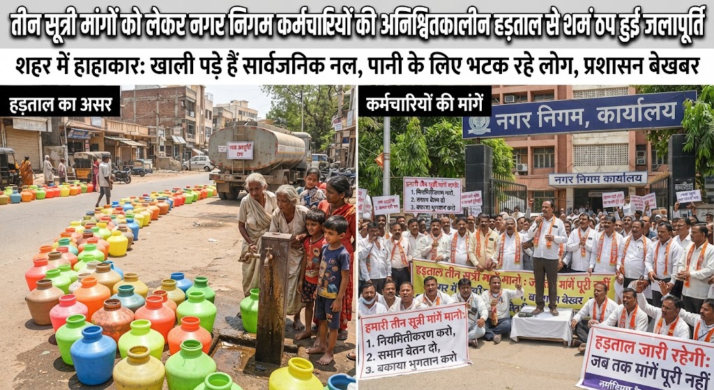 तीन सूत्री मांगों को लेकर नगर निगम कर्मचारियों की अनिश्चितकालीन हड़ताल से शहर में ठप हुई जलापूर्ति; डीप बोरिंग बंद होने से हाहाकार, पार्षदों ने खुद संभाला मोर्चा