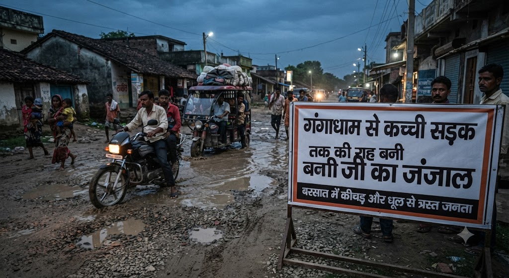गंगाधाम से कच्ची सड़क तक की राह बनी जी का जंजाल; पक्की सड़क के इस बदहाल हिस्से पर चलना हुआ मुहाल, धूल फांकते और हिचकोले खाते सफर करने को मजबूर हैं आमजन और कांवरिया