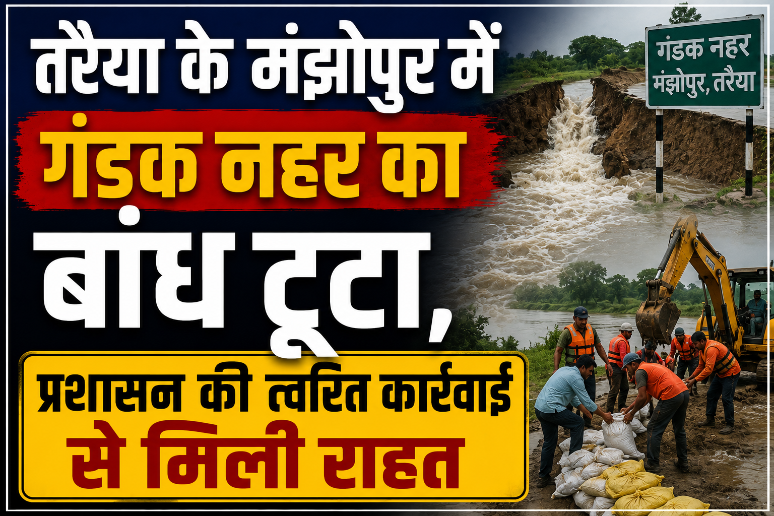 तरैया के मंझोपुर में गंडक नहर का बांध टूटा, प्रशासन की त्वरित कार्रवाई से मिली राहत
