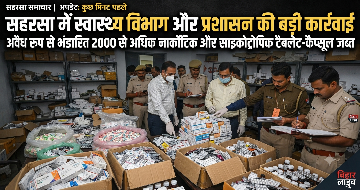 सहरसा में स्वास्थ्य विभाग और प्रशासन की बड़ी कार्रवाई: अवैध रूप से भंडारित 2000 से अधिक नार्कोटिक और साइकोट्रोपिक टैबलेट-कैप्सूल जब्त