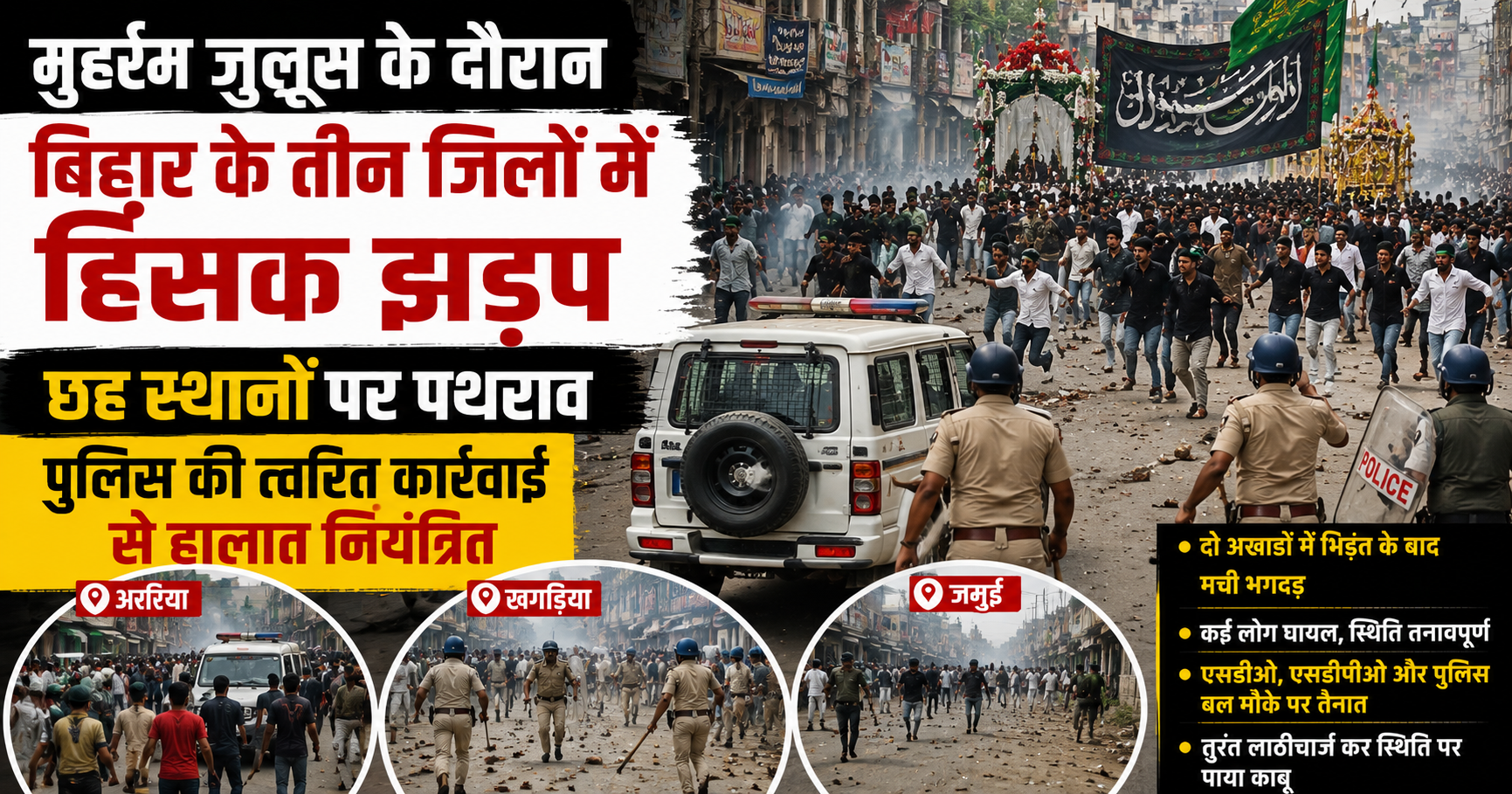 मुहर्रम जुलूस के दौरान बिहार के तीन जिलों में हिंसक झड़प, छह स्थानों पर पथराव; पुलिस की त्वरित कार्रवाई से हालात नियंत्रित