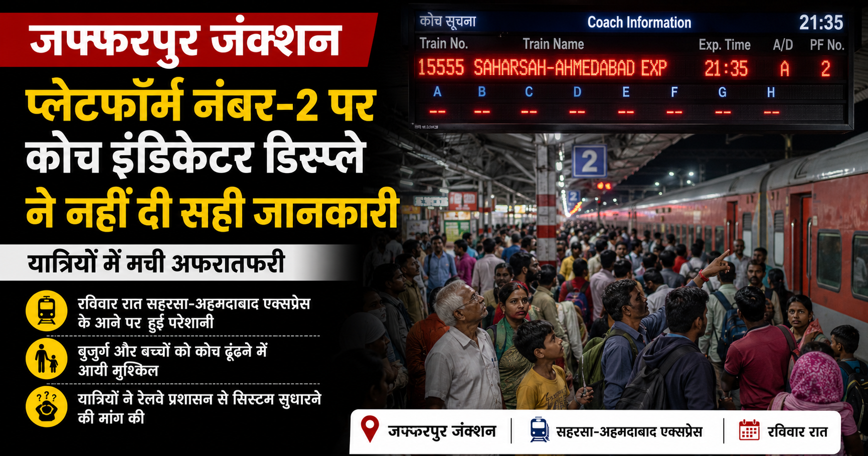 मुजफ्फरपुर जंक्शन पर कोच इंडिकेटर की गड़बड़ी से यात्रियों में अफरातफरी, सहरसा-अहमदाबाद एक्सप्रेस के यात्रियों को हुई भारी परेशानी