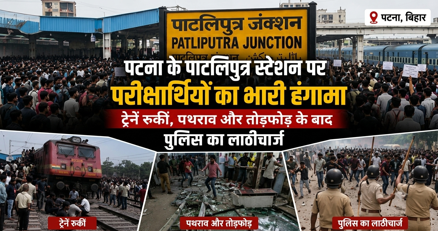 पटना के पाटलिपुत्र स्टेशन पर परीक्षार्थियों का भारी हंगामा, ट्रेनें रुकीं, पथराव और तोड़फोड़ के बाद पुलिस का लाठीचार्ज