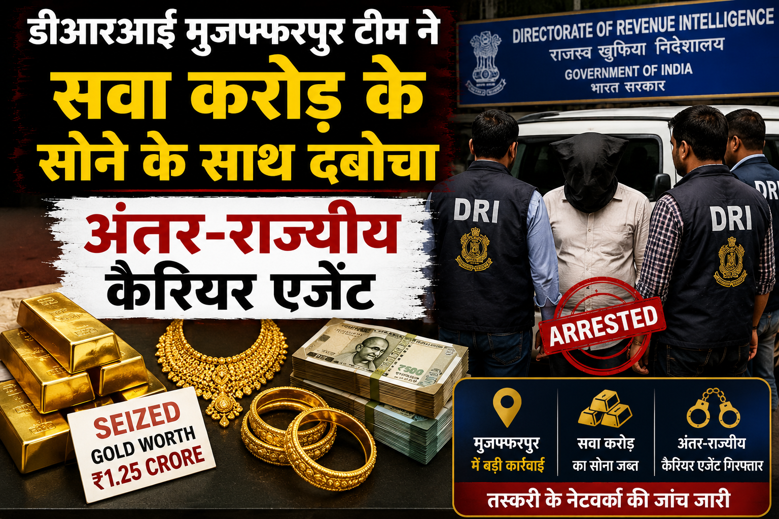 डीआरआई मुजफ्फरपुर टीम ने सवा करोड़ के सोने के साथ दबोचा अंतर-राज्यीय कैरियर एजेंट