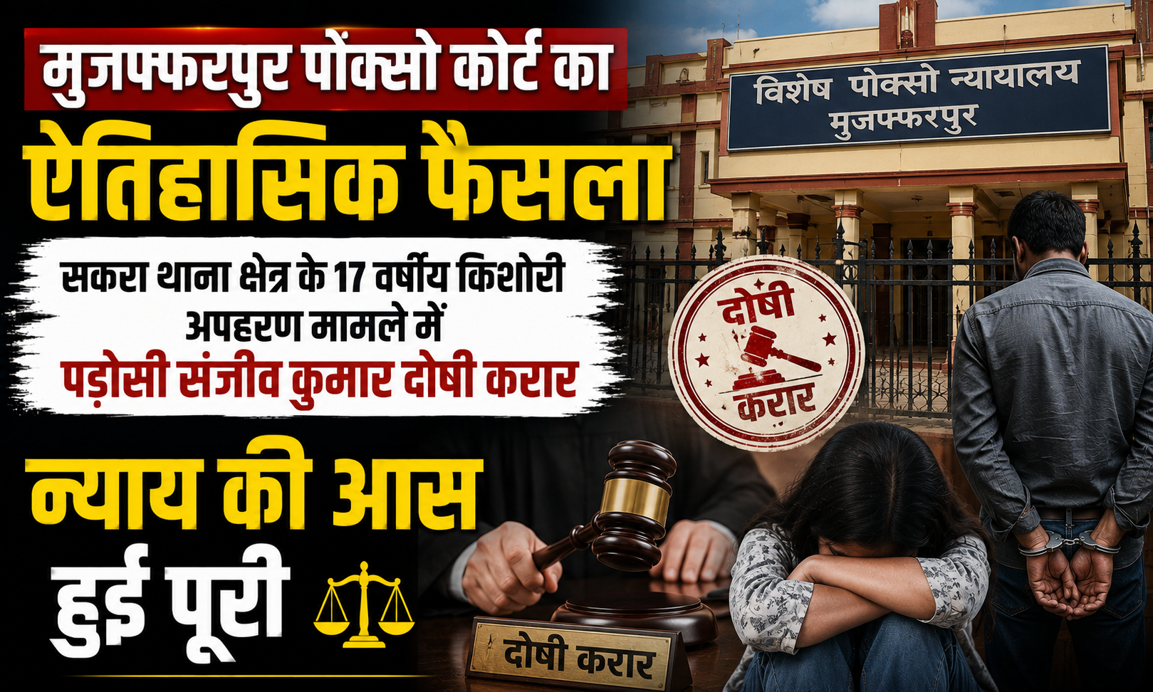 मुजफ्फरपुर पॉक्सो कोर्ट का ऐतिहासिक फैसला: सकरा थाना क्षेत्र के 17 वर्षीय किशोरी अपहरण मामले में पड़ोसी संजीव कुमार दोषी करार, न्याय की आस हुई पूरी