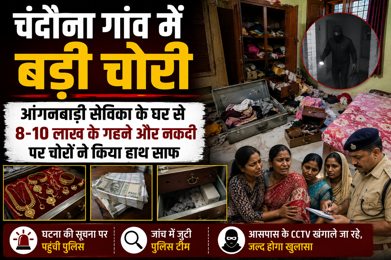 चंदौना गांव में बड़ी चोरी, आंगनबाड़ी सेविका के घर से 8-10 लाख के गहने और नकदी पर चोरों ने किया हाथ साफ