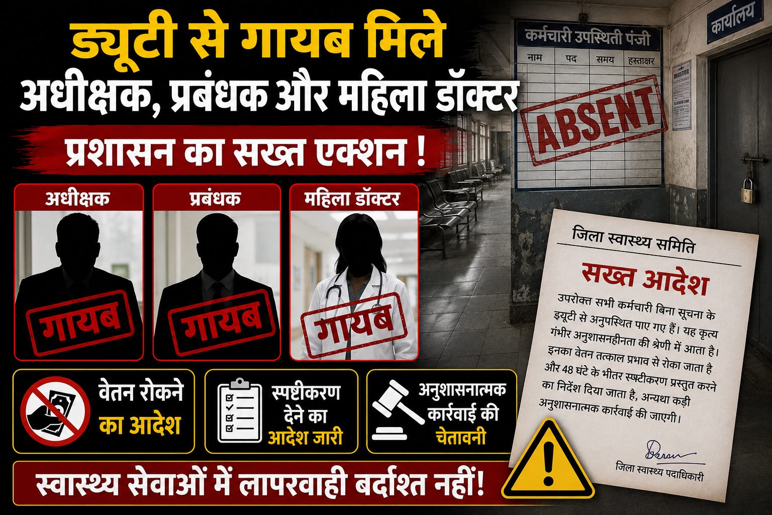 डयूटी से गायब मिले अधीक्षक, प्रबंधक और महिला डॉक्टर; वेतन रोकने और स्पष्टीकरण का सख्त आदेश