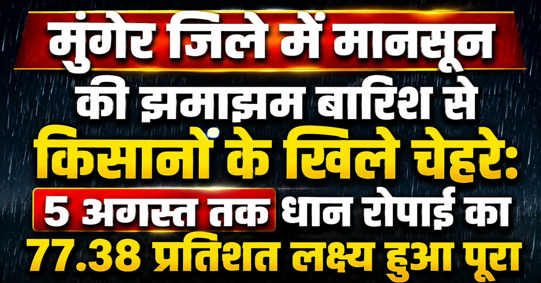 मुंगेर जिले में मानसून की झमाझम बारिश से किसानों के खिले चेहरे: 5 अगस्त तक धान रोपाई का 77.38 प्रतिशत लक्ष्य हुआ पूरा