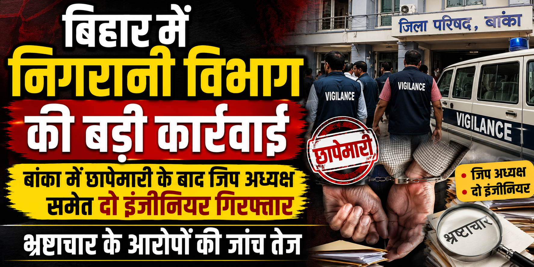 बिहार में निगरानी विभाग की बड़ी कार्रवाई, बांका में छापेमारी के बाद जिप अध्यक्ष समेत दो इंजीनियर गिरफ्तार; भ्रष्टाचार के आरोपों की जांच तेज