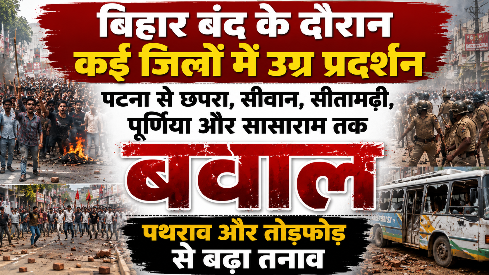 बिहार बंद के दौरान कई जिलों में उग्र प्रदर्शन, पटना से छपरा, सीवान, सीतामढ़ी, पूर्णिया और सासाराम तक बवाल; पथराव और तोड़फोड़ से बढ़ा तनाव