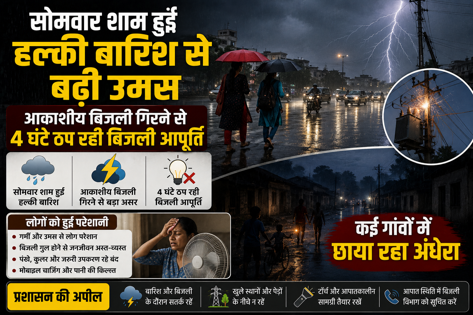 सोमवार शाम हुई हल्की बारिश से बढ़ी उमस, आकाशीय बिजली गिरने से 4 घंटे ठप रही बिजली आपूर्ति, कई गांवों में छाया रहा अंधेरा