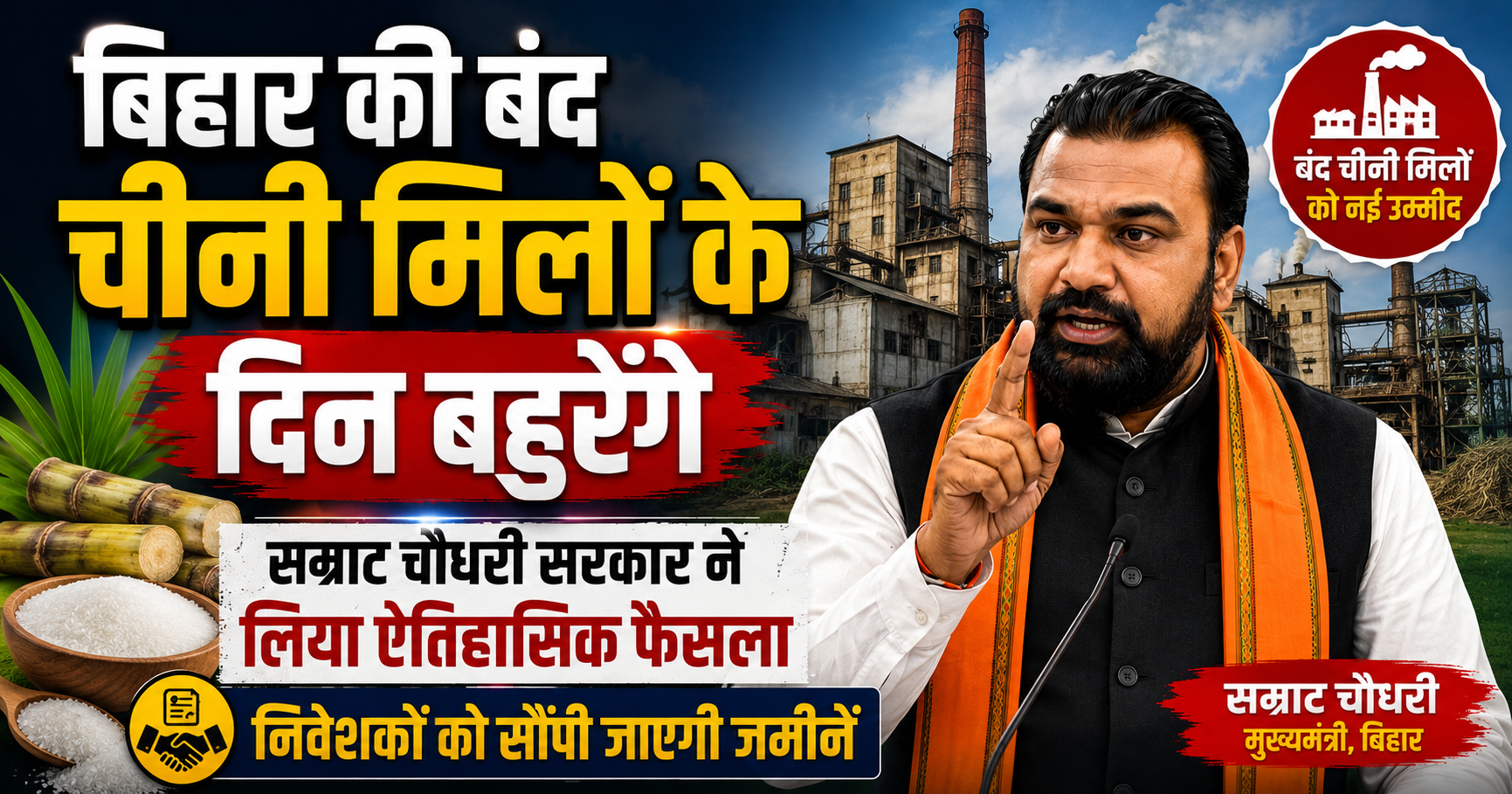 बिहार की बंद चीनी मिलों के दिन बहुरेंगे: सम्राट चौधरी सरकार ने लिया ऐतिहासिक फैसला, निवेशकों को सौंपी जाएगी जमीनें