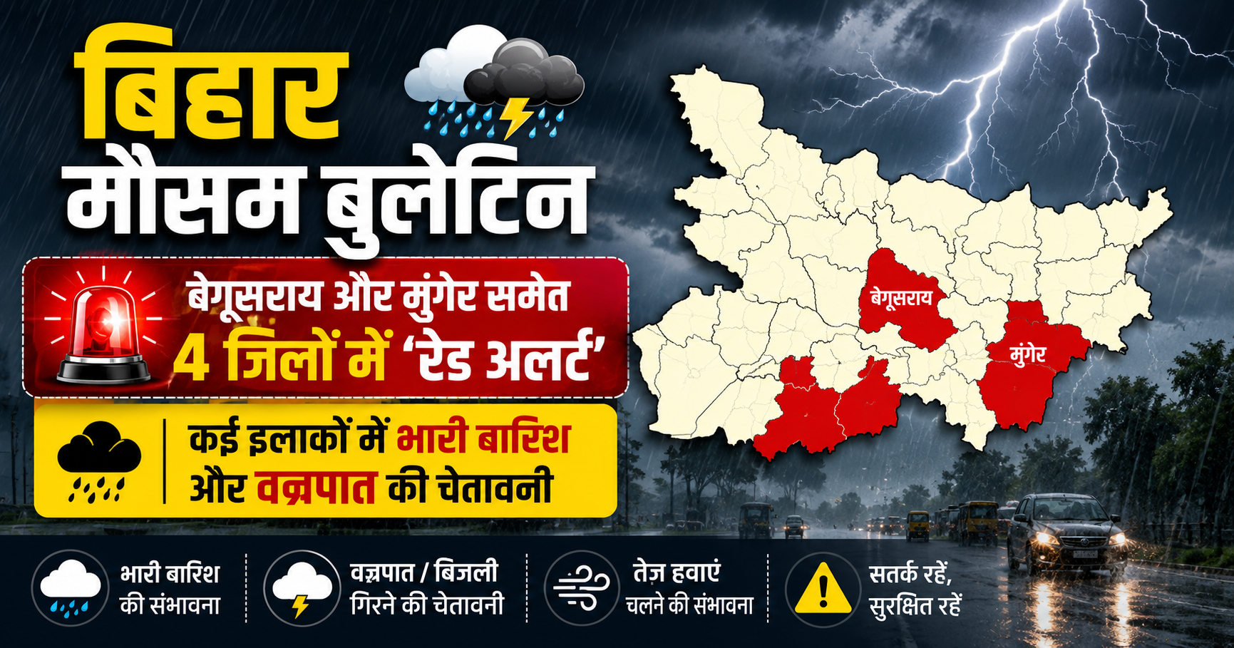 बिहार मौसम बुलेटिन: बेगूसराय और मुंगेर समेत 4 जिलों में 'रेड अलर्ट', कई इलाकों में भारी बारिश और वज्रपात की चेतावनी