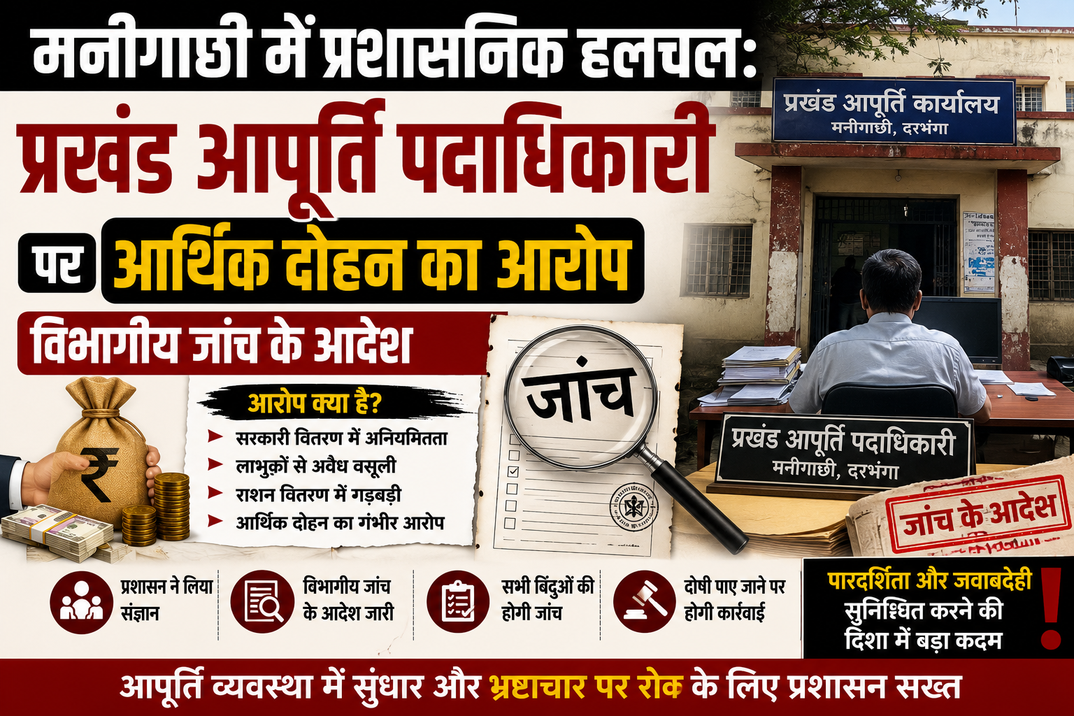 मनीगाछी में प्रशासनिक हलचल: प्रखंड आपूर्ति पदाधिकारी पर आर्थिक दोहन का आरोप, विभागीय जांच के आदेश