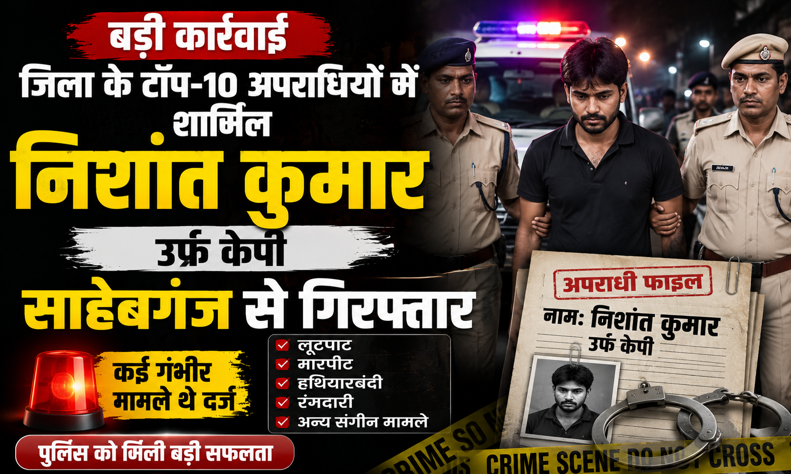 जिला के टॉप-10 अपराधियों में शामिल निशांत कुमार उर्फ केपी साहेबगंज से गिरफ्तार, कई गंभीर मामले थे दर्ज