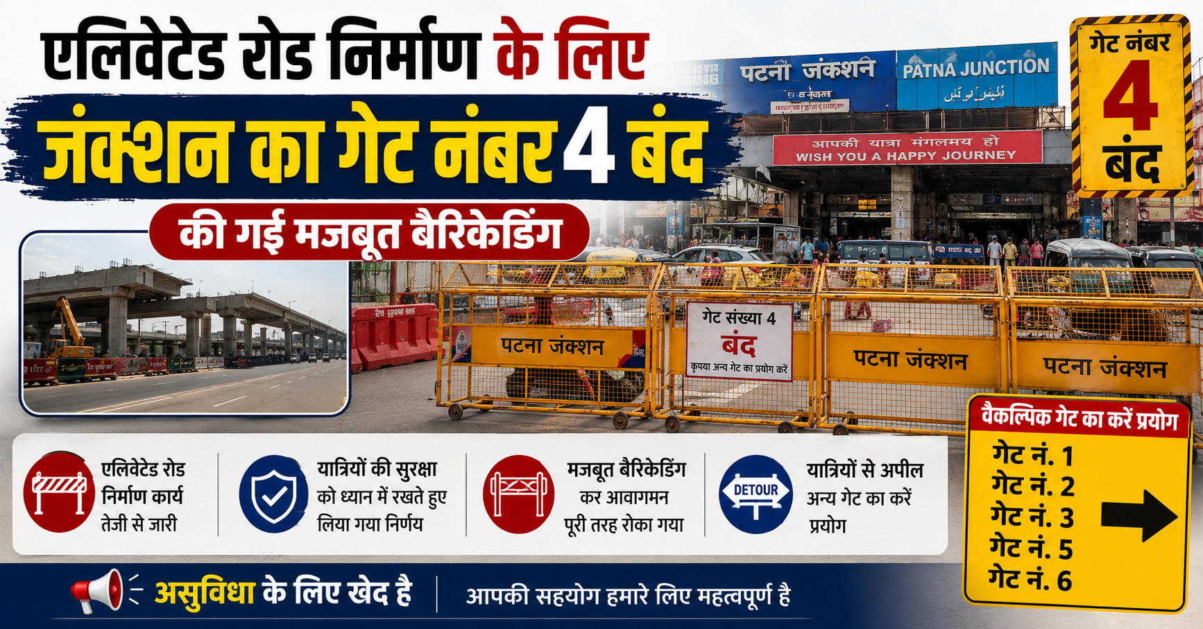 एलिवेटेड रोड निर्माण के लिए जंक्शन का गेट नंबर 4 बंद, की गई मजबूत बैरिकेडिंग
