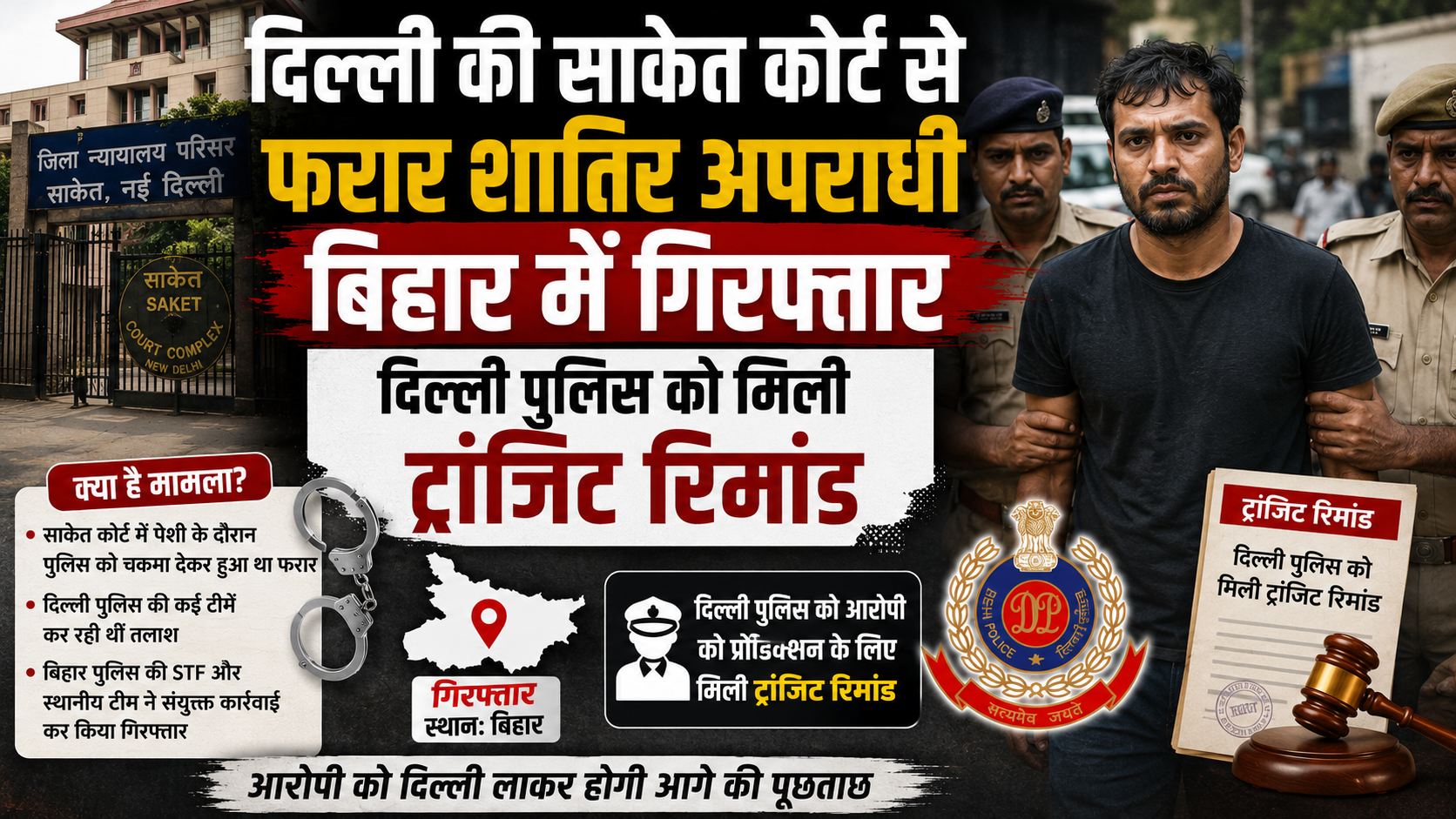 दिल्ली की साकेत कोर्ट से फरार शातिर अपराधी बिहार में गिरफ्तार, दिल्ली पुलिस को मिली ट्रांजिट रिमांड