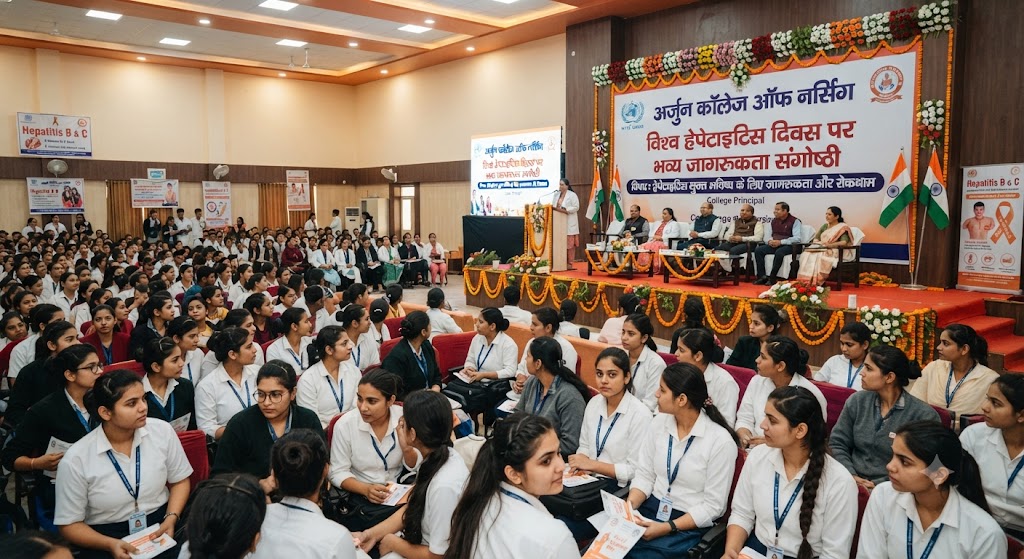 Awareness Symposium Organized on World Hepatitis Day at Arjun College of Nursing; Principal Prof. Himanshu Provides Detailed Information on Symptoms and Prevention of the Disease