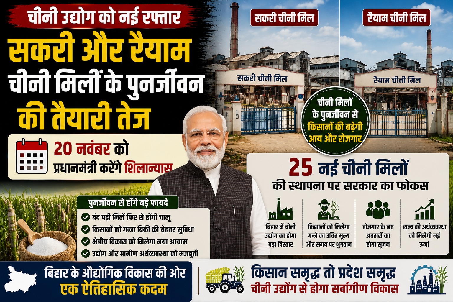 Revival of Sakri and Raiyam Sugar Mills Gains Momentum; Prime Minister to Lay Foundation Stone on November 20, State Targets 25 New Sugar Mills