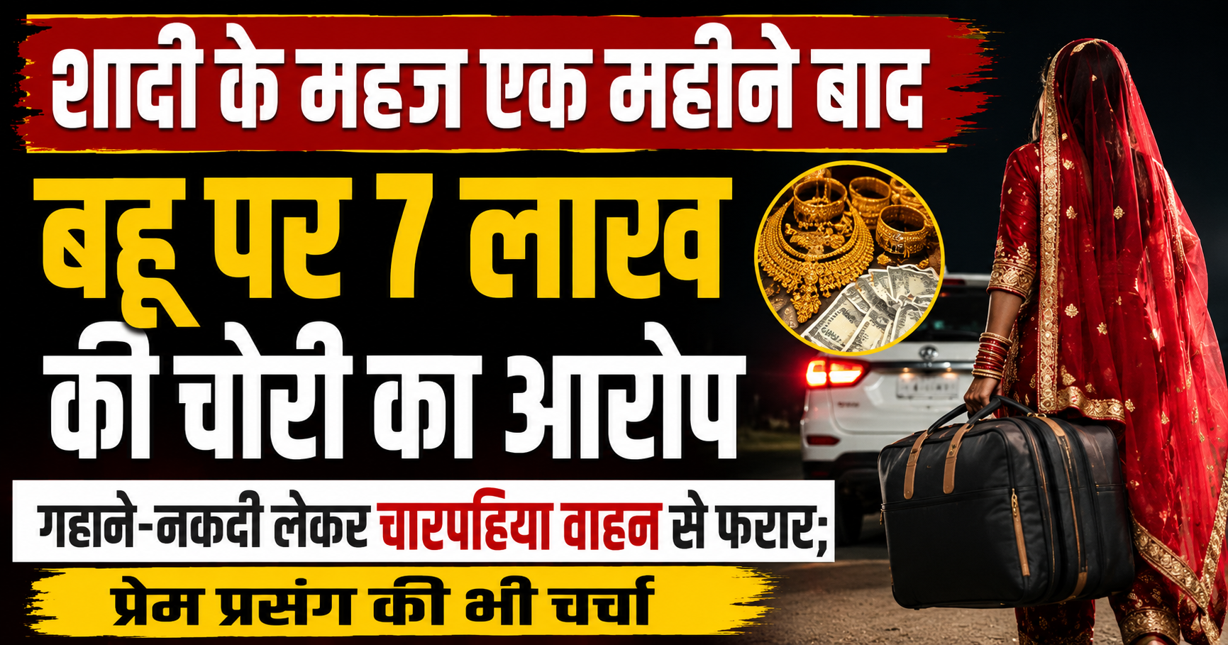 शादी के महज एक महीने बाद बहू पर 7 लाख की चोरी का आरोप, गहने-नकदी लेकर चारपहिया वाहन से फरार; प्रेम प्रसंग की भी चर्चा