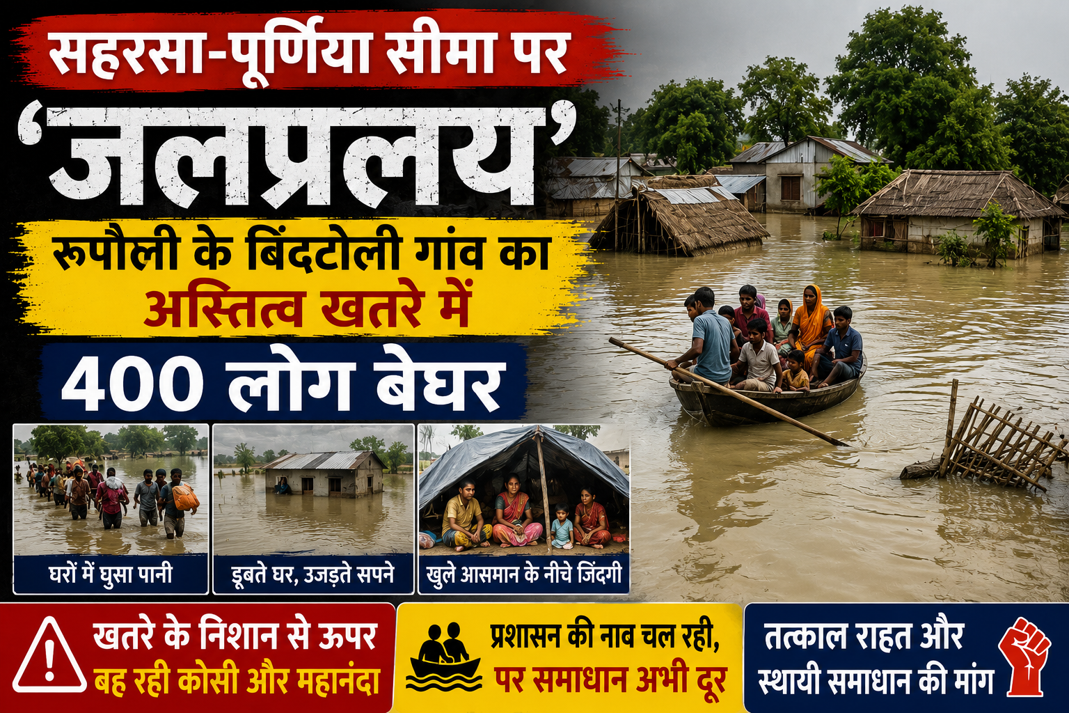 सहरसा-पूर्णिया सीमा पर 'जलप्रलय': रूपौली के बिंदटोली गांव का अस्तित्व खतरे में, 400 लोग बेघर