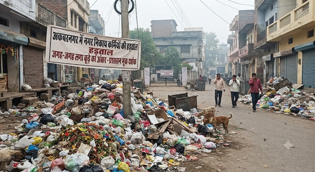 अकबरनगर में नगर निकाय कर्मियों की हड़ताल से जगह-जगह लगा कूड़े का अंबार