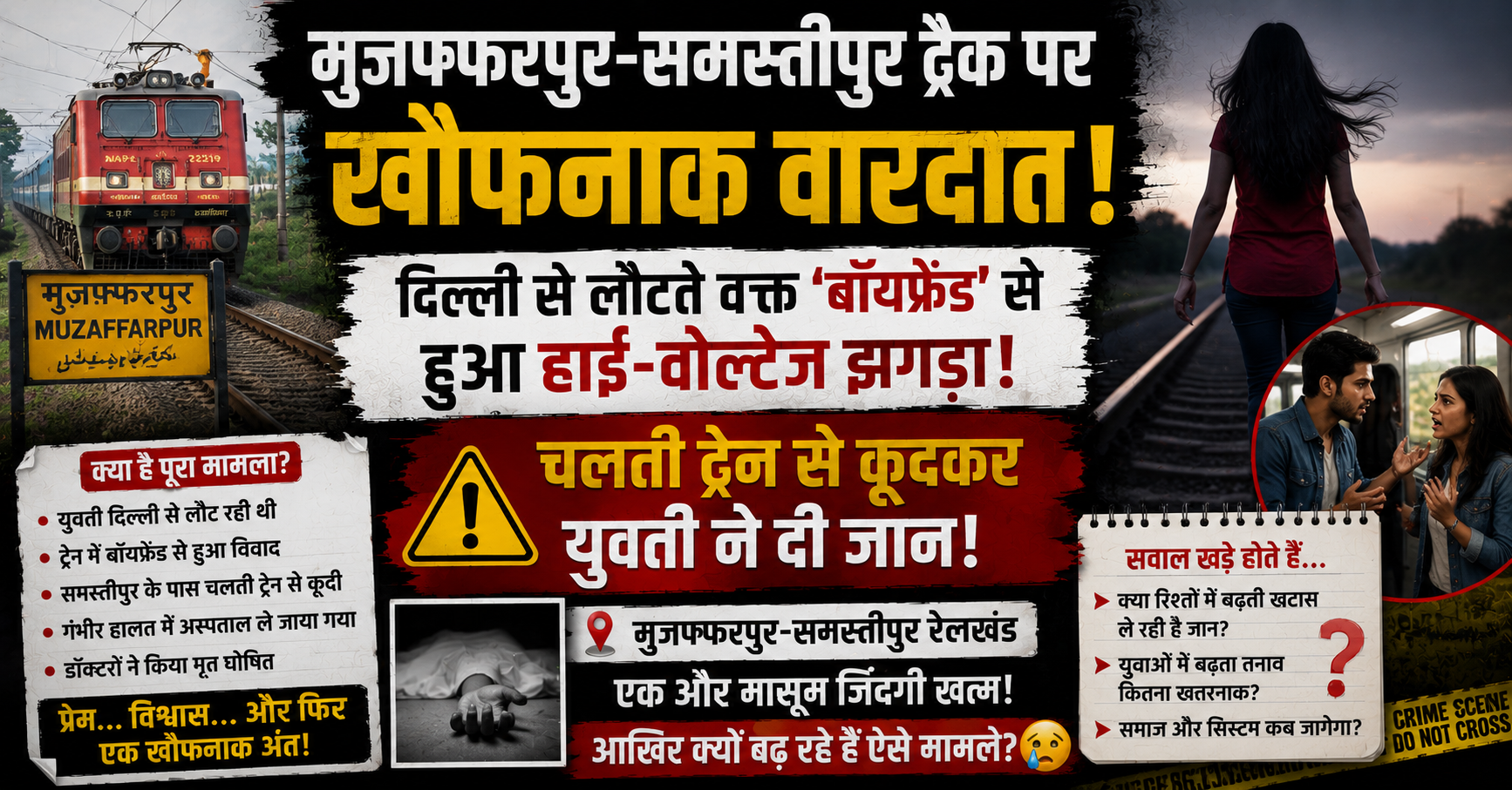 मुजफ्फरपुर-समस्तीपुर ट्रैक पर खौफनाक वारदात! दिल्ली से लौटते वक्त 'बॉयफ्रेंड' से हुआ हाई-वोल्टेज झगड़ा, चलती ट्रेन से कूदकर युवती ने दी जान!