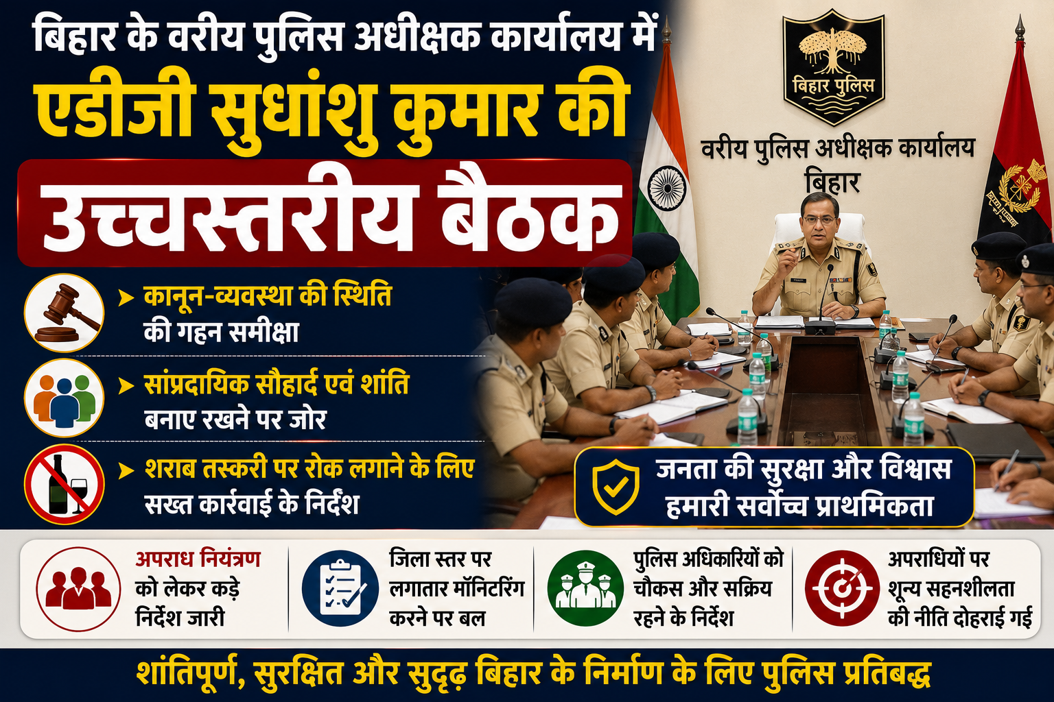 बिहार के वरीय पुलिस अधीक्षक कार्यालय में एडीजी सुधांशु कुमार की उच्चस्तरीय बैठक: कानून-व्यवस्था, सांप्रदायिक सौहार्द और शराब तस्करी पर हुई कड़ी समीक्षा