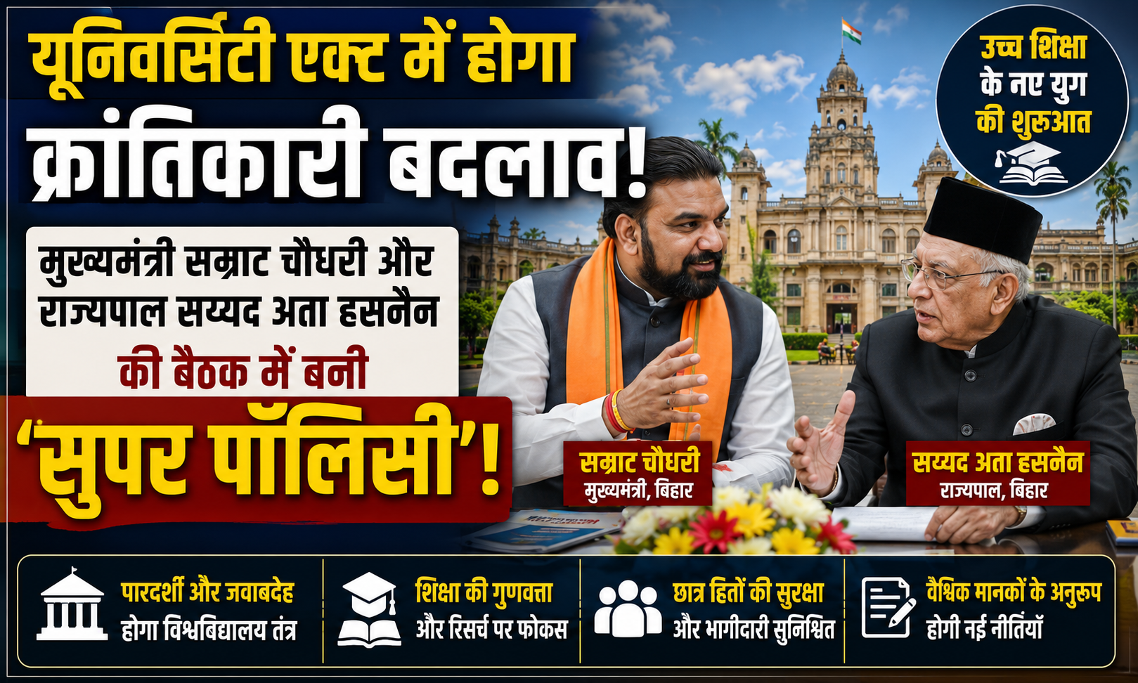यूनिवर्सिटी एक्ट में होगा क्रांतिकारी बदलाव: मुख्यमंत्री सम्राट चौधरी और राज्यपाल सय्यद अता हसनैन की बैठक में बनी 'सुपर पॉलिसी'!