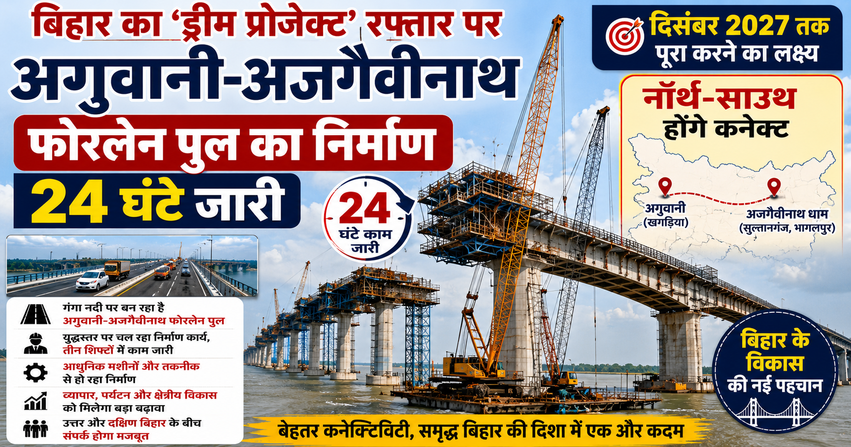 अगुवानी-अजगैवीनाथ फोरलेन पुल का निर्माण 24 घंटे जारी, दिसंबर 2027 तक पूरा करने का लक्ष्य