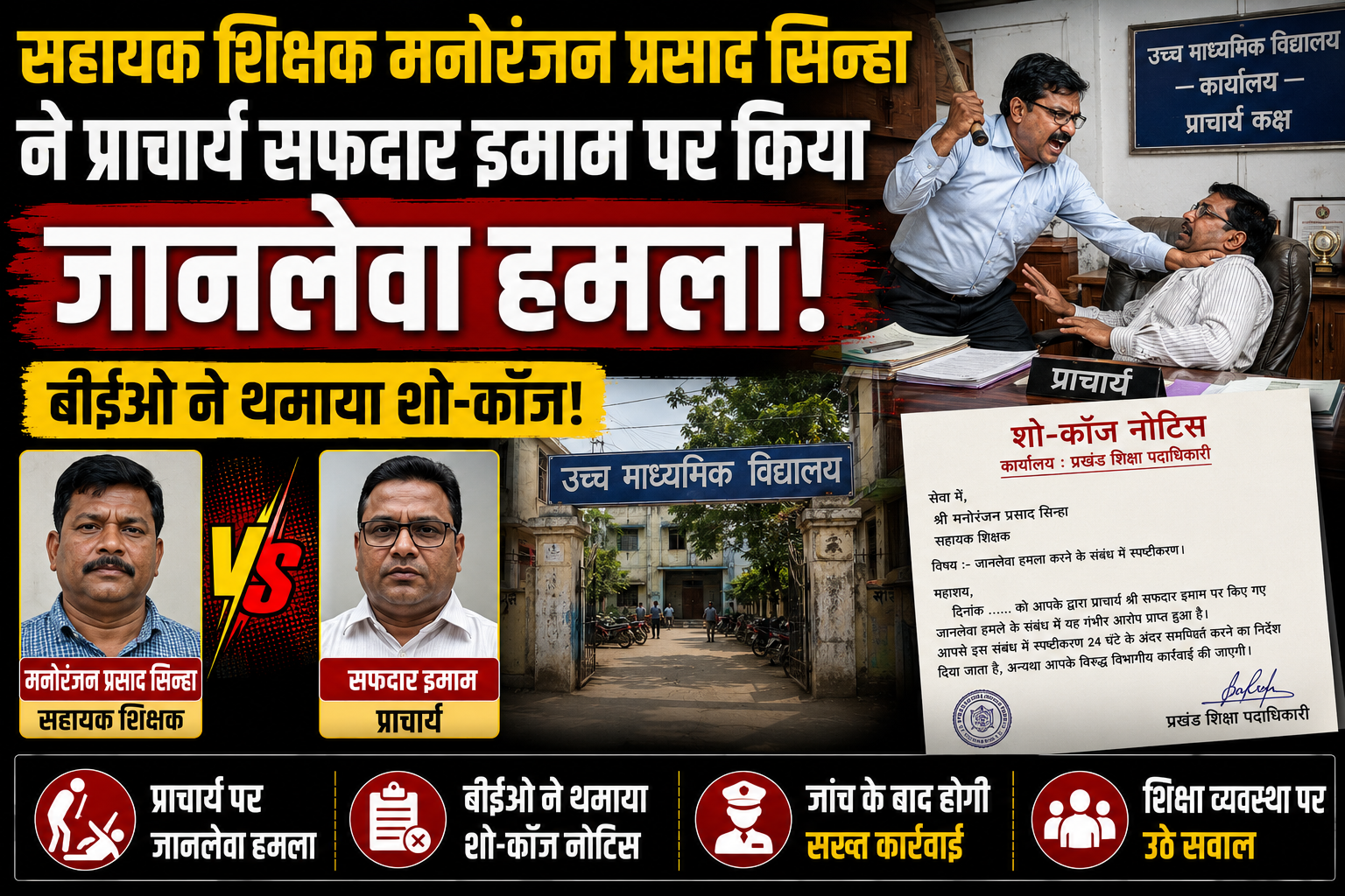 सहायक शिक्षक मनोरंजन प्रसाद सिन्हा ने प्राचार्य सफदार इमाम पर किया जानलेवा हमला, बीईओ ने थमाया शो-कॉज!