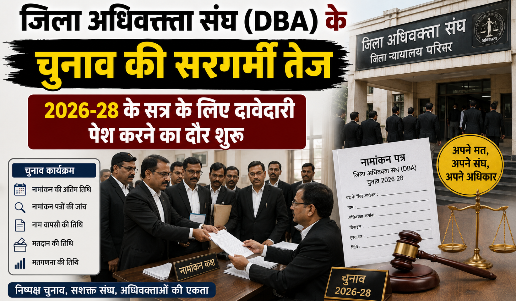 जिला अधिवक्ता संघ (DBA) के चुनाव की सरगर्मी तेज; 2026-28 के सत्र के लिए दावेदारी पेश करने का दौर शुरू