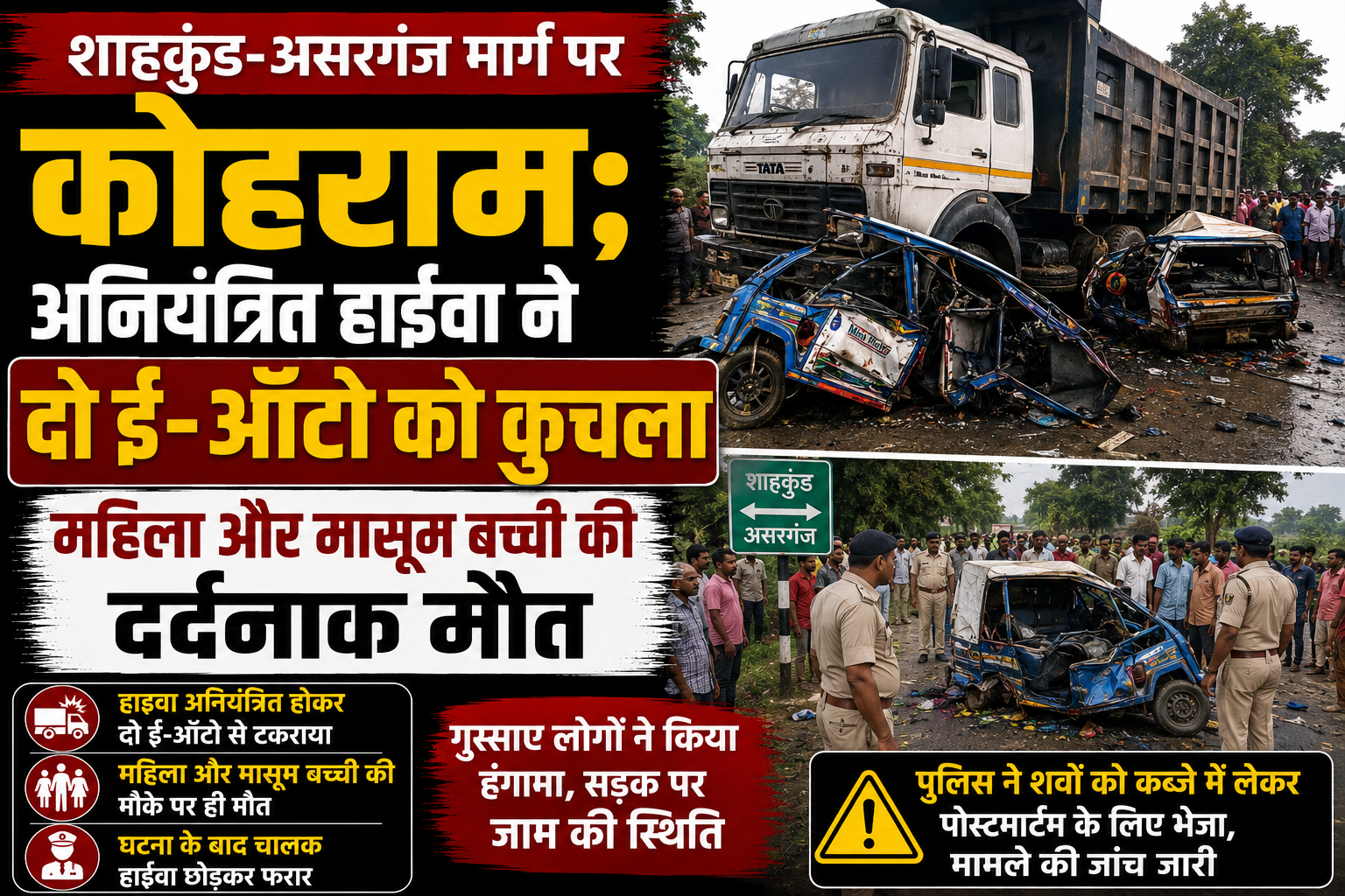 शाहकुंड-असरगंज मार्ग पर कोहराम; अनियंत्रित हाईवा ने दो ई-ऑटो को कुचला, महिला और मासूम बच्ची की दर्दनाक मौत