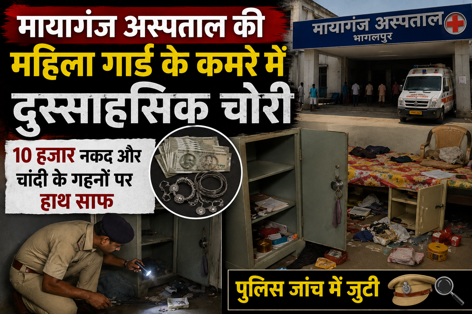 मायागंज अस्पताल की महिला गार्ड के कमरे में दुस्साहसिक चोरी; 10 हजार नकद और चांदी के गहनों पर हाथ साफ, पुलिस जांच में जुटी