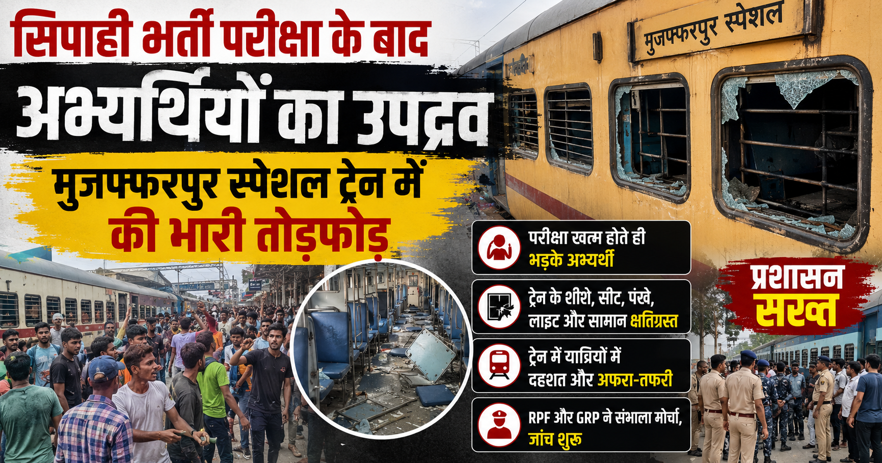 सिपाही भर्ती परीक्षा के बाद अभ्यर्थियों का उपद्रव, मुजफ्फरपुर स्पेशल ट्रेन में की भारी तोड़फोड़