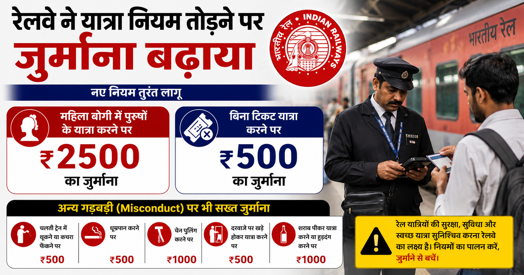 रेलवे में बिना टिकट और गलत टिकट पर यात्रा महंगी, महिला कोच में घुसने पर 2500 रुपये जुर्माना; नए नियमों से बढ़ेगी अनुशासन व्यवस्था