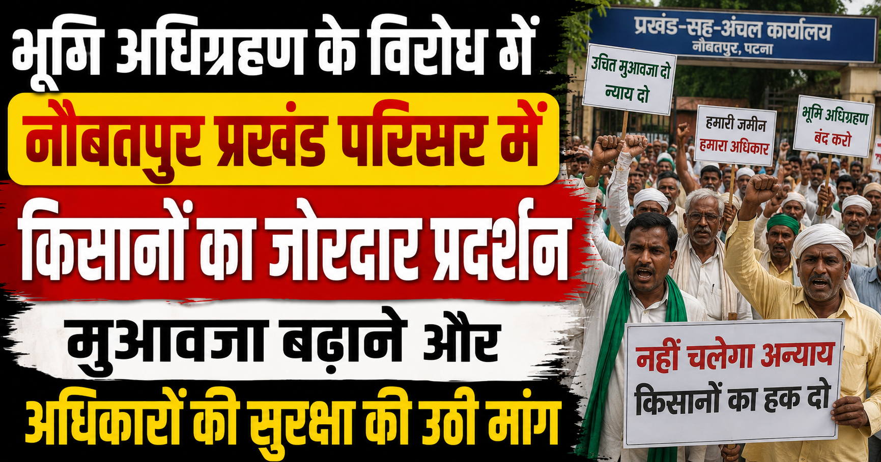 भूमि अधिग्रहण के विरोध में नौबतपुर प्रखंड परिसर में किसानों का जोरदार प्रदर्शन, मुआवजा बढ़ाने और अधिकारों की सुरक्षा की उठी मांग