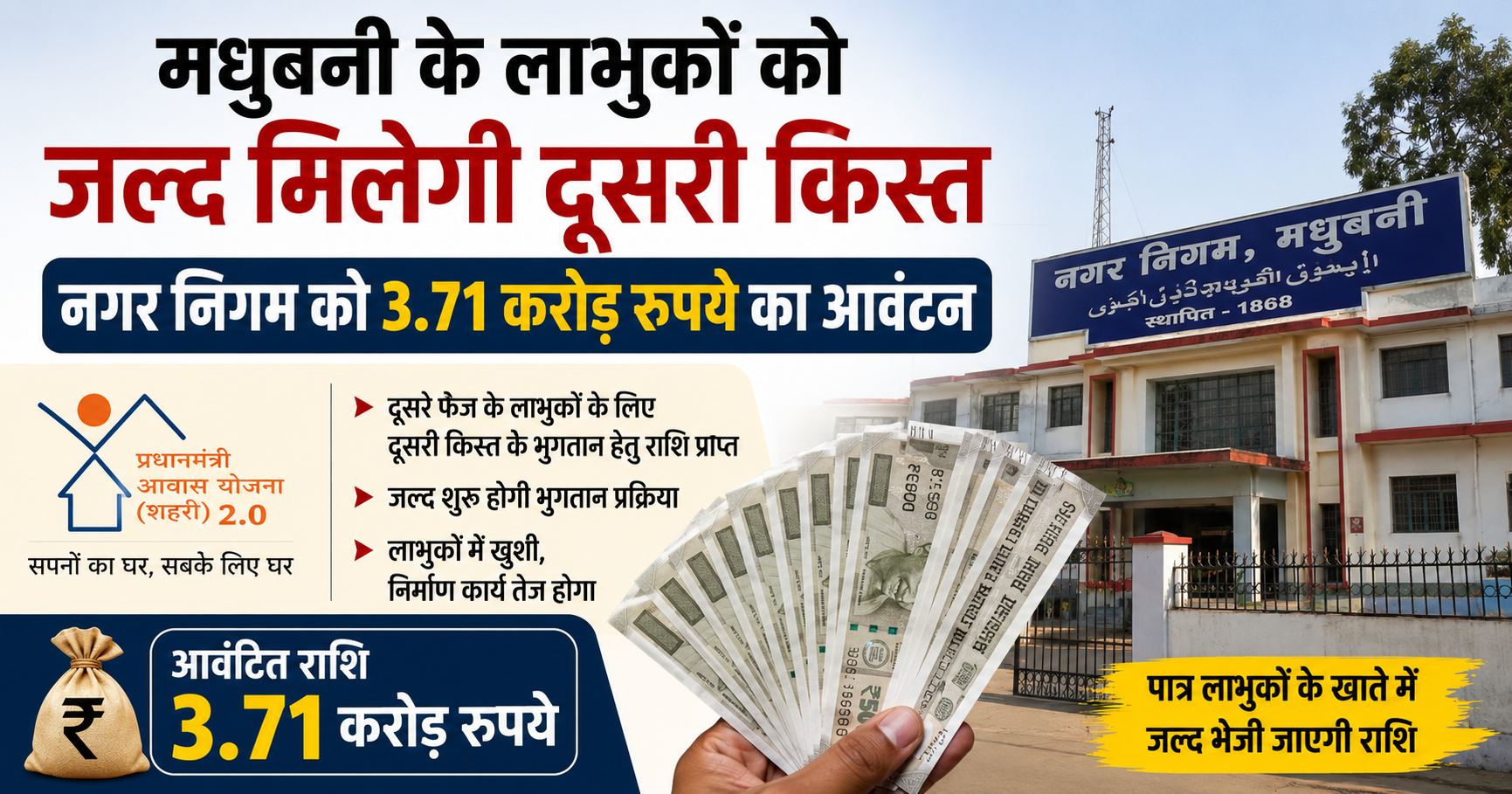 मधुबनी के लाभुकों को जल्द मिलेगी दूसरी किस्त, नगर निगम को 3.71 करोड़ रुपये का आवंटन