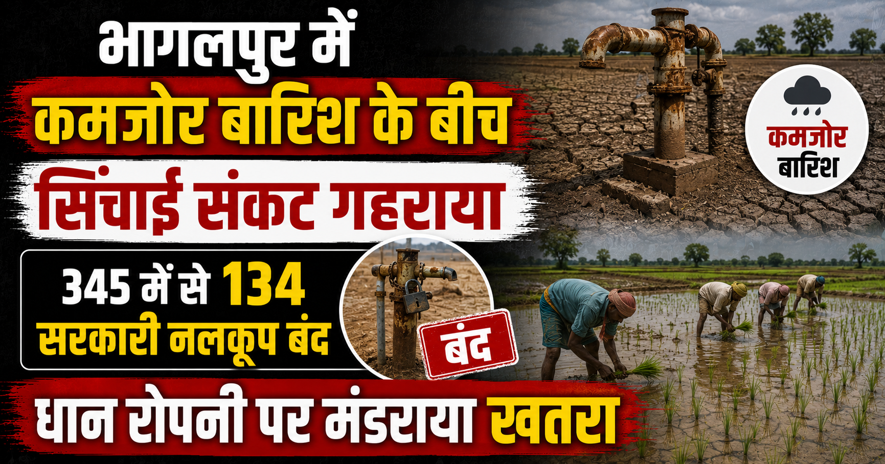 भागलपुर में कमजोर बारिश के बीच सिंचाई संकट गहराया, 345 में से 134 सरकारी नलकूप बंद; धान रोपनी पर मंडराया खतरा