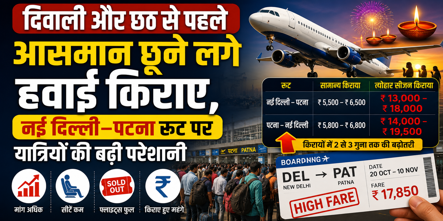 दिवाली और छठ से पहले आसमान छूने लगे हवाई किराए, नई दिल्ली–पटना रूट पर यात्रियों की बढ़ी परेशानी