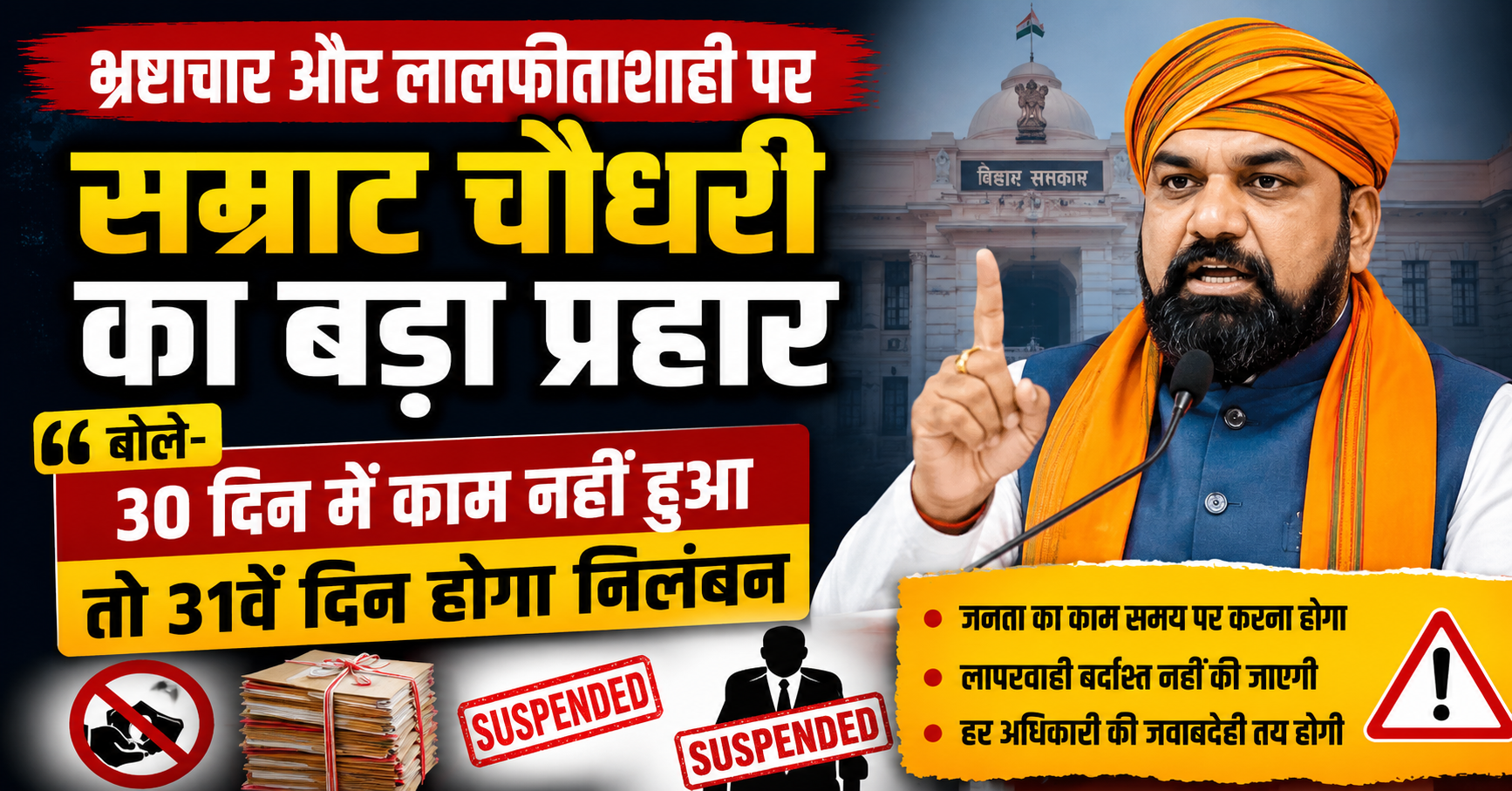 भ्रष्टाचार और लालफीताशाही पर सम्राट चौधरी का बड़ा प्रहार, बोले- 30 दिन में काम नहीं हुआ तो 31वें दिन होगा निलंबन
